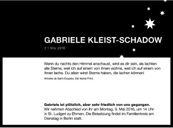 Traueranzeige von GABRIELE KLEIST-SCHADOW von Braunschweiger Zeitung