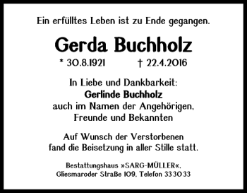 Traueranzeige von Gerda Buchholz von Braunschweiger Zeitung