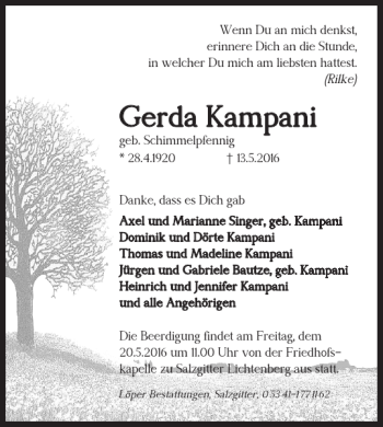 Traueranzeige von Gerda Kampani von Salzgitter Zeitung