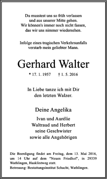 Traueranzeige von Gerhard Walter von Braunschweiger Zeitung