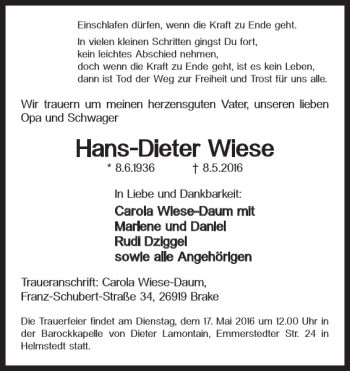 Traueranzeige von Hans-Dieter Wiese von Braunschweiger Zeitung
