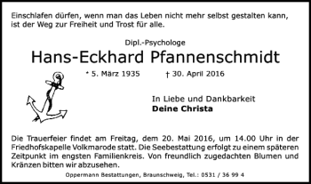 Traueranzeige von Hans-Eckhard Pfannenschmidt von Braunschweiger Zeitung