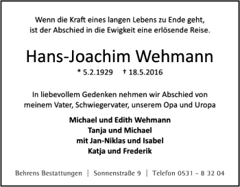Traueranzeige von Hans Joachim Wehmann von Braunschweiger Zeitung