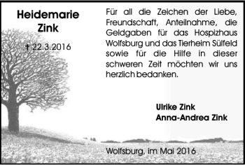 Traueranzeige von Heidemarie Zink von Wolfsburger Nachrichten