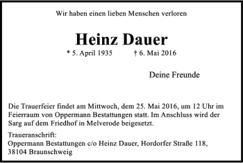 Traueranzeige von Heinz Dauer von Braunschweiger Zeitung