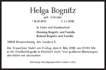 Traueranzeige von Helga Bognitz von Braunschweiger Zeitung