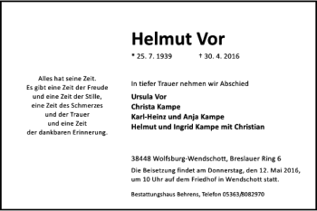 Traueranzeige von Helmut Vor von Wolfsburger Nachrichten