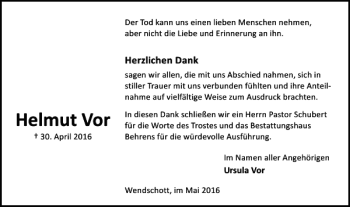 Traueranzeige von Helmut Vor von Wolfsburger Nachrichten