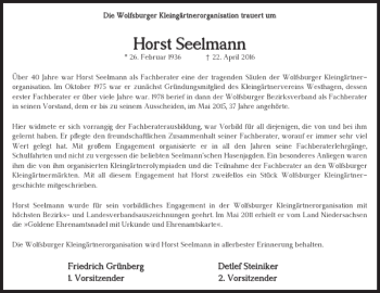 Traueranzeige von Horst Seelmann von Wolfsburger Nachrichten