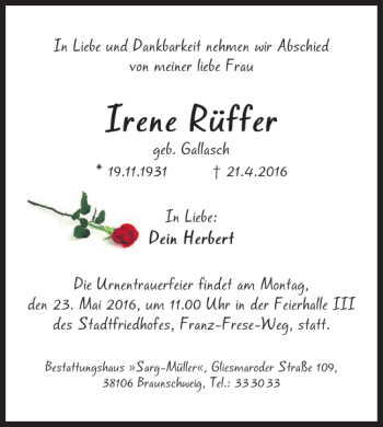 Traueranzeige von Irene Rüffer von Braunschweiger Zeitung