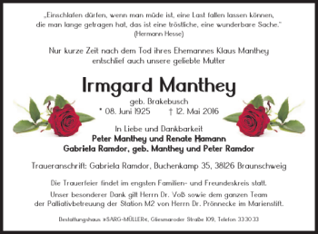 Traueranzeige von Irmgard Manthey von Braunschweiger Zeitung
