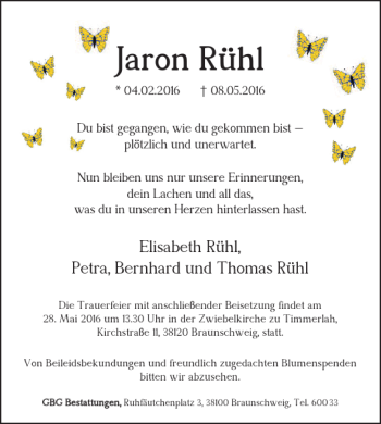 Traueranzeige von Jaron Rühl von Braunschweiger Zeitung