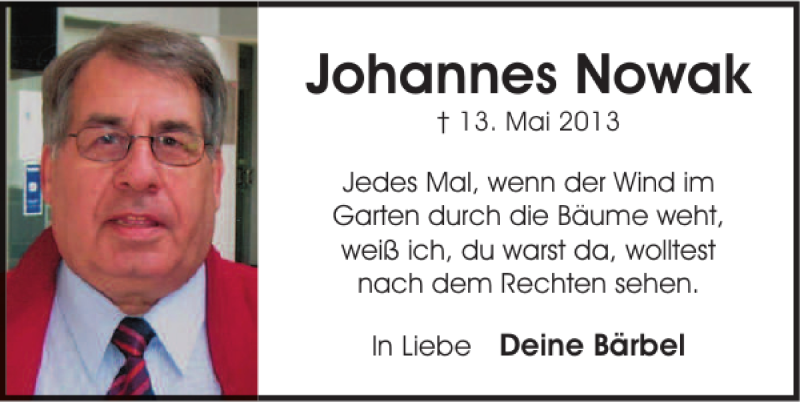  Traueranzeige für Johannes Nowak vom 13.05.2016 aus Helmstedter Nachrichten