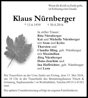 Traueranzeige von Klaus Nürnberger von Wolfenbütteler Zeitung