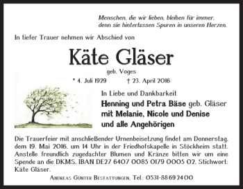 Traueranzeige von Kãte Glãser von Braunschweiger Zeitung