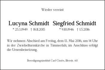 Traueranzeige von Lucyna Schmidt Siegfried Schmidt von Braunschweiger Zeitung