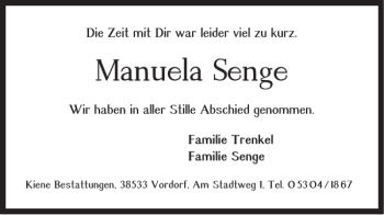 Traueranzeige von Manuela Senge von Braunschweiger Zeitung