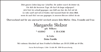Traueranzeige von Margarete Stelzer von Braunschweiger Zeitung