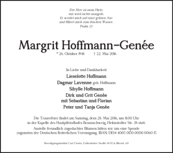 Traueranzeige von Margrit Hoffmann-Genée von Braunschweiger Zeitung