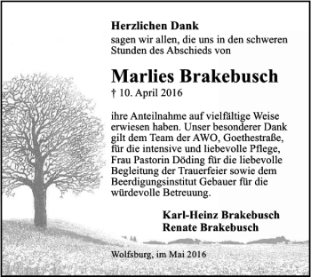 Traueranzeige von Marlies Brakebusch von Wolfsburger Nachrichten