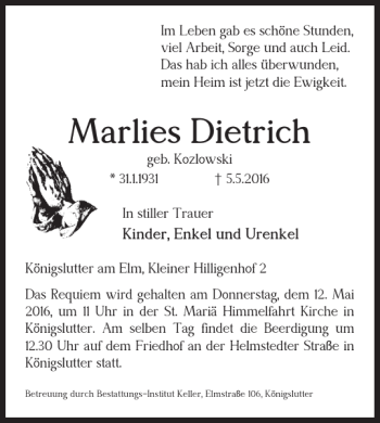 Traueranzeige von Marlies Dietrich von Helmstedter Nachrichten