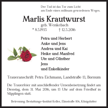 Traueranzeige von Marlis Krautwurst von Helmstedter Nachrichten