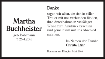 Traueranzeige von Martha Buchheister von Helmstedter Nachrichten