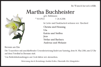 Traueranzeige von Martha Buchheister von Helmstedter Nachrichten