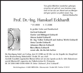 Traueranzeige von Prof. Dr.-Ing. Hanskarl Eckhardt von Braunschweiger Zeitung