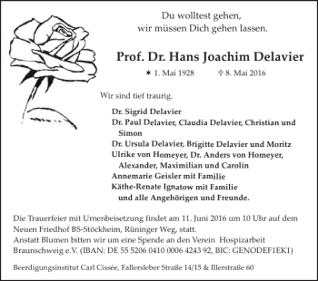 Traueranzeige von Prof. Dr. Hans Joachim Delavier von Braunschweiger Zeitung