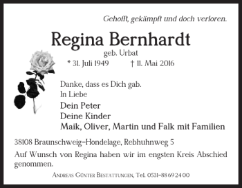 Traueranzeige von Regina Bernhardt von Braunschweiger Zeitung
