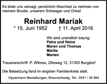 Traueranzeige von Reinhard Mariak von Braunschweiger Zeitung