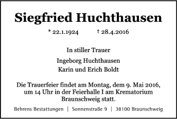 Traueranzeige von Siegfried Huchthausen von Braunschweiger Zeitung