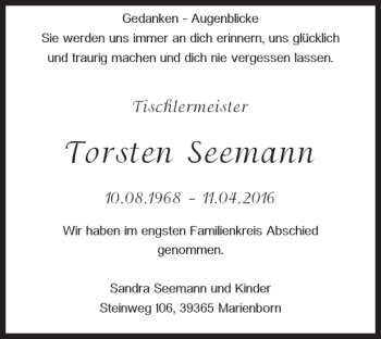 Traueranzeige von Torsten Seemann von Helmstedter Nachrichten