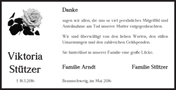 Traueranzeige von Viktoria Stützer von Braunschweiger Zeitung