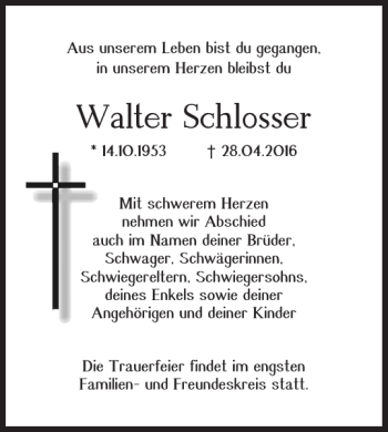 Traueranzeige von Walter Schlosser von Braunschweiger Zeitung