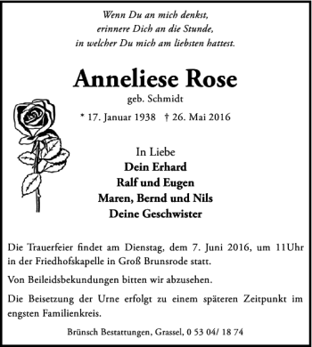 Traueranzeige von Anneliese Rose von Helmstedter Nachrichten
