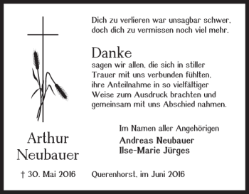 Traueranzeige von Arthur Neubauer von Helmstedter Nachrichten