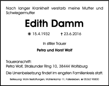 Traueranzeige von Edith Damm von Salzgitter Zeitung