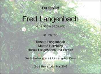 Traueranzeige von Fred Langenbach von Helmstedter Nachrichten