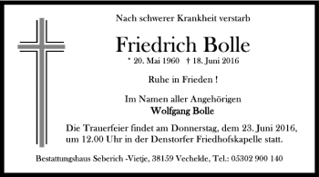 Traueranzeige von Friedrich Bolle von Braunschweiger Zeitung