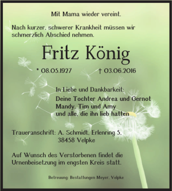 Traueranzeige von Fritz König von Helmstedter Nachrichten