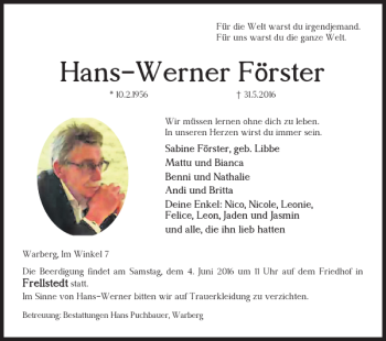 Traueranzeige von Hans-Werner Förster von Helmstedter Nachrichten