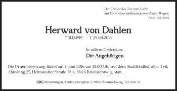 Traueranzeige von Herward von Dahlen von Braunschweiger Zeitung