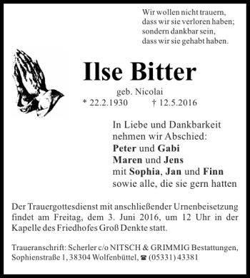 Traueranzeige von Ilse Bitter von Wolfenbütteler Zeitung