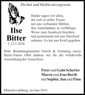Traueranzeige von Ilse Bitter von Wolfenbütteler Zeitung