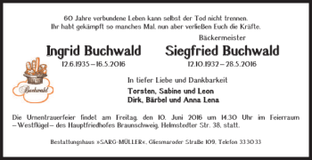 Traueranzeige von Ingrid Buchwald Siegfried Buchwald von Braunschweiger Zeitung