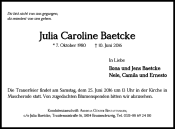 Traueranzeige von Julia Caroline Baetcke von Braunschweiger Zeitung