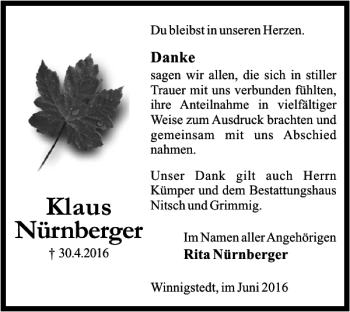 Traueranzeige von Klaus Nürnberger von Wolfenbütteler Zeitung