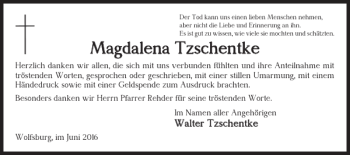Traueranzeige von Magdalena Tzschentke von Wolfsburger Nachrichten